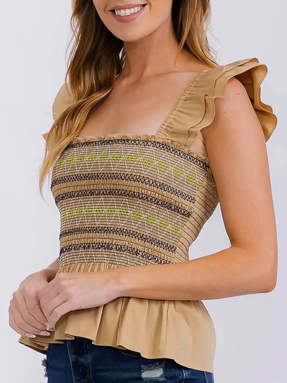 NEW Smocked Ruffle Strap Crop Top in Tan